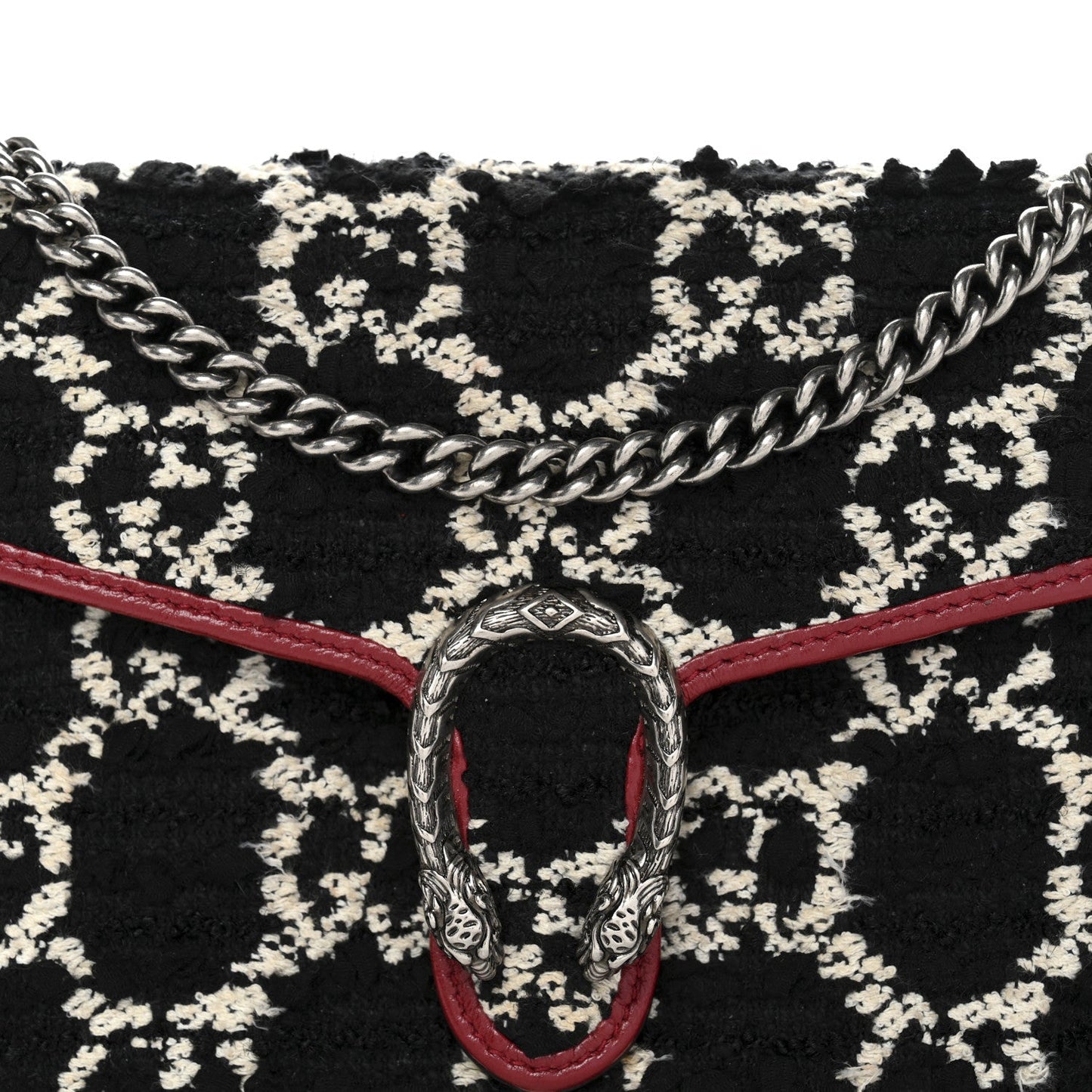 Tweed GG Monogram Mini Dionysus Chain Wallet Black White Romantic Cherry